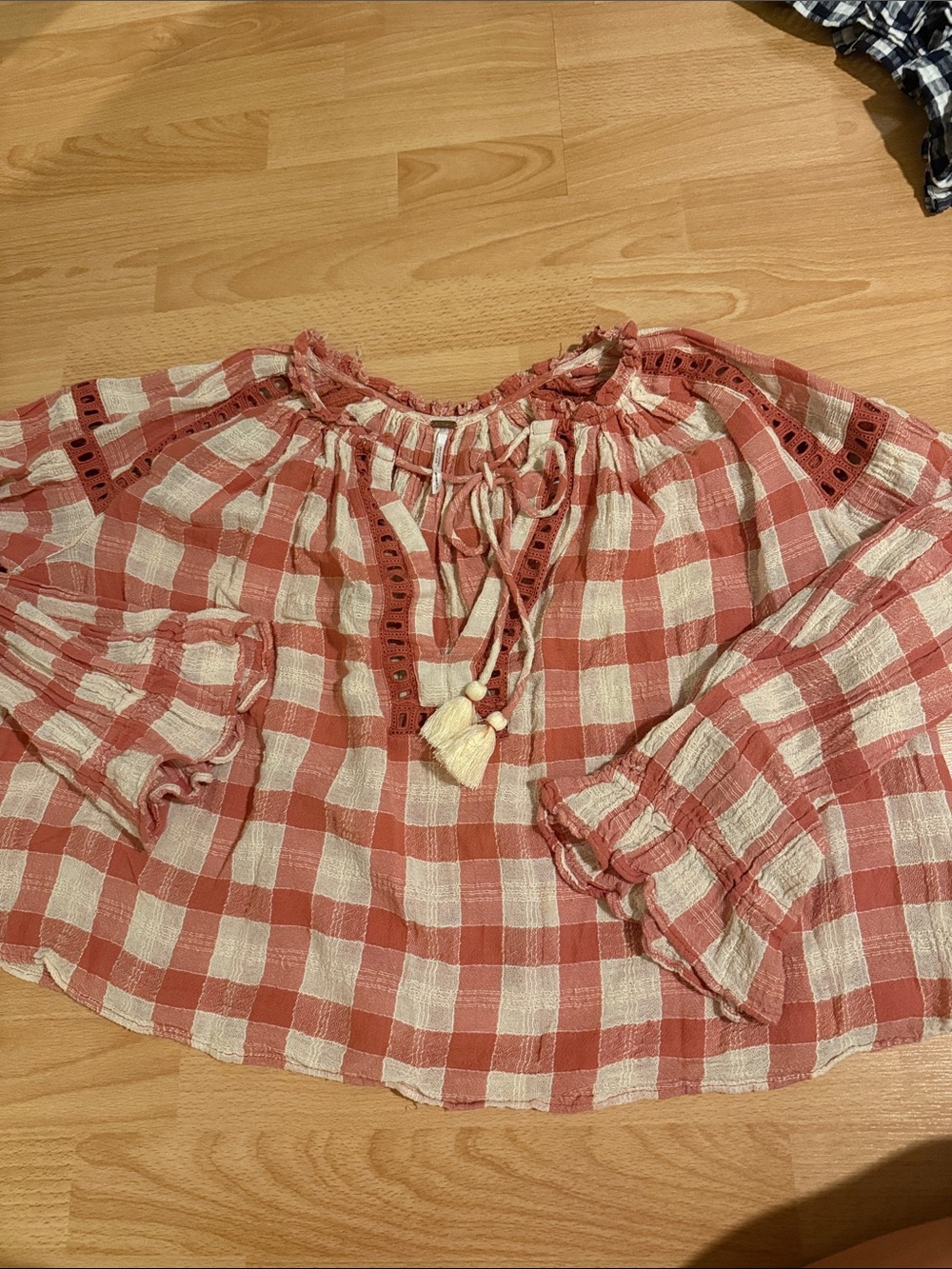 Free People 100% Cotton Gingham Peasant Top with Tassel Tie